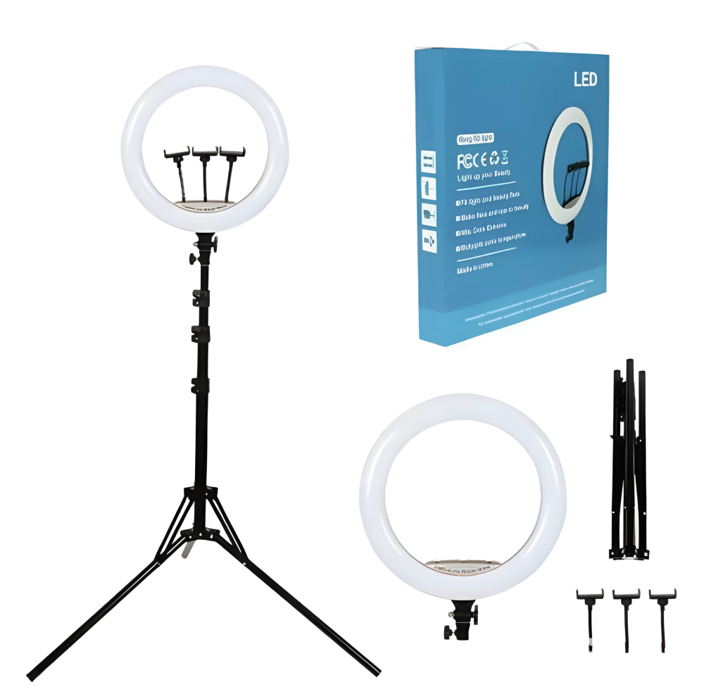 رنق لايت اضاءة LEDتصوير حجم كبير مقاس 28 سم مع ثلاث حوامل للجوال