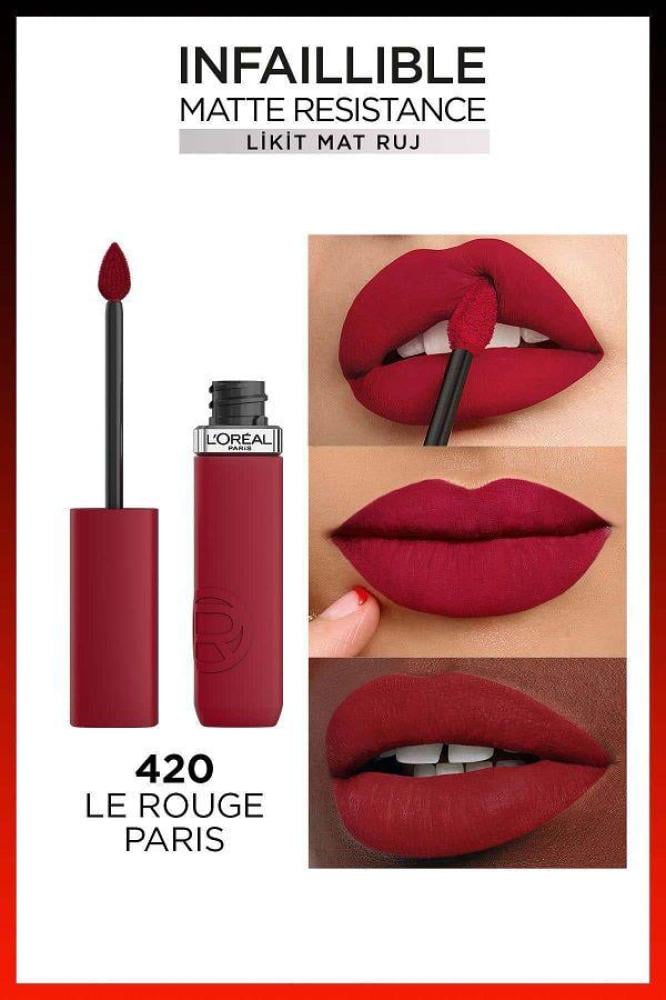 لوريال باريس 420 Le Rouge Paris - أحمر شفاه سائل غير لامع مقاوم للماء