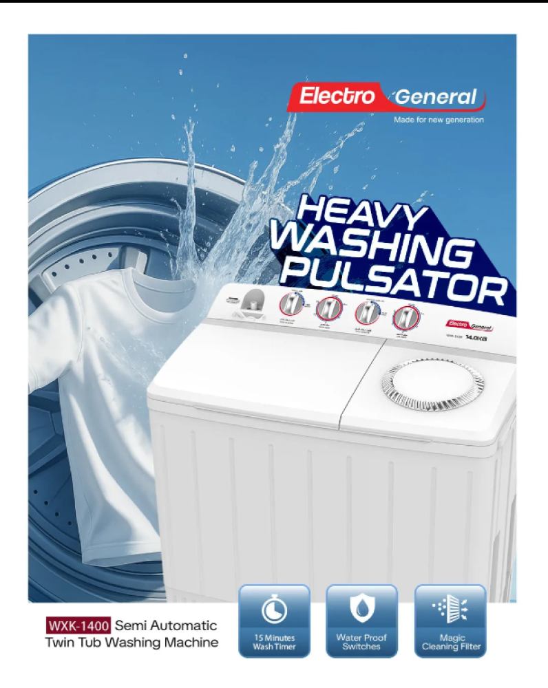 14KG TWIN TUB SEMI-AUTOMATIC WASHING MACHINE – WXK-1400 2years Warranty