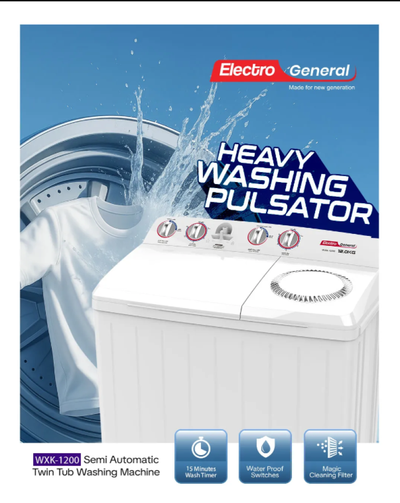 12KG TWIN TUB SEMI-AUTOMATIC WASHING MACHINE – WXK-1200 2years Warranty