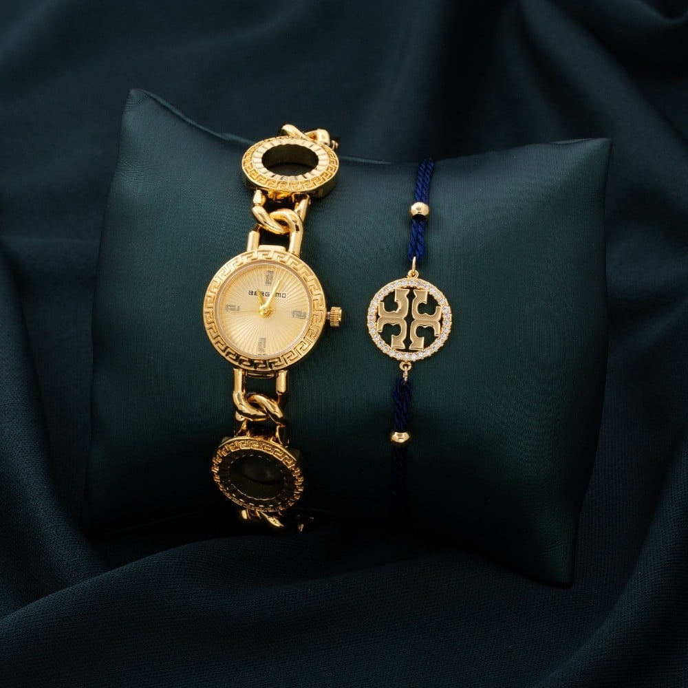 طقم نسائي بتصميم متفرد بسير من الاستيل المتميز بلمعة فاتنة باللون الذهبي والفضي  ميناء ابيض