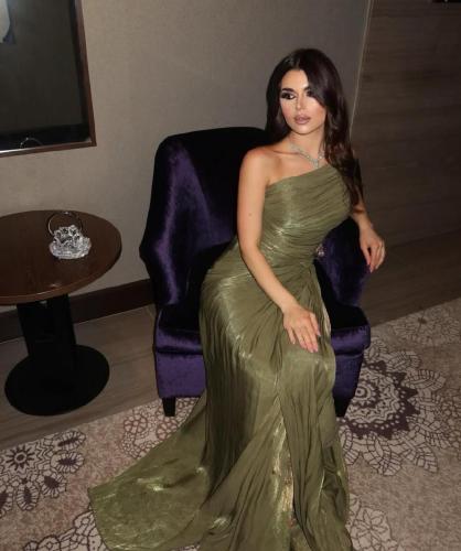 فستان زيتي خامه كرنكل بكسر انسيابيه