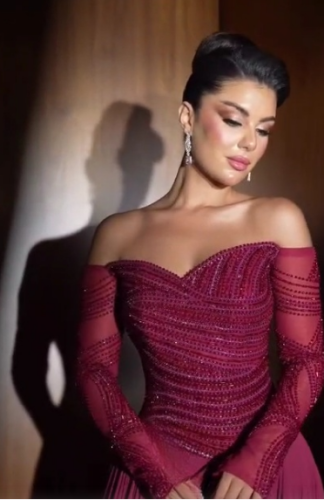 فستان سهره اللون برغندي جورجيت فصوص ولول كبس من مت...