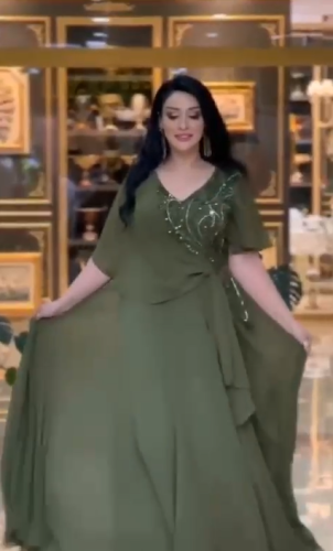 فستان سهره اللون زيتي الخامه: شيفون جورجيت..شك يدو...