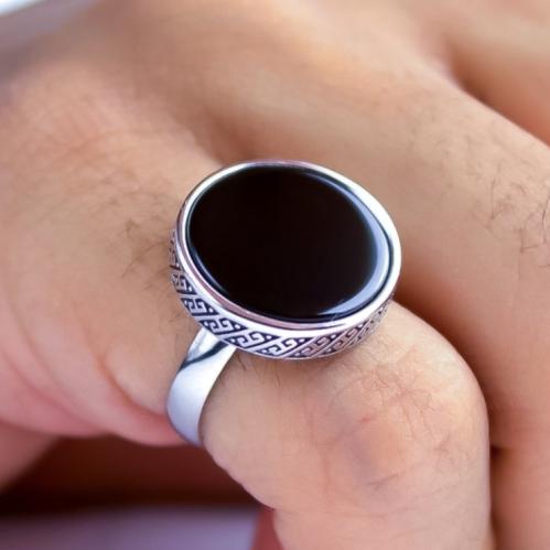 خاتم فضة عيار 925 ملكي أسود دائري نقش