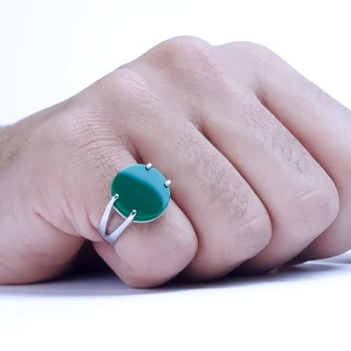 خاتم فضة عيار 925 ملكي أخضر دائري سادة شنكار