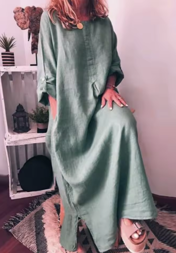 فستان كتان كاجوال بأكمام قابلة للطي وجيوب جانبية –...