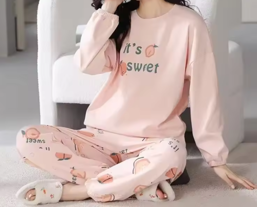 Kawaii طقم بيجاما نسائي مريح بكم طويل ونقشات كرتون...
