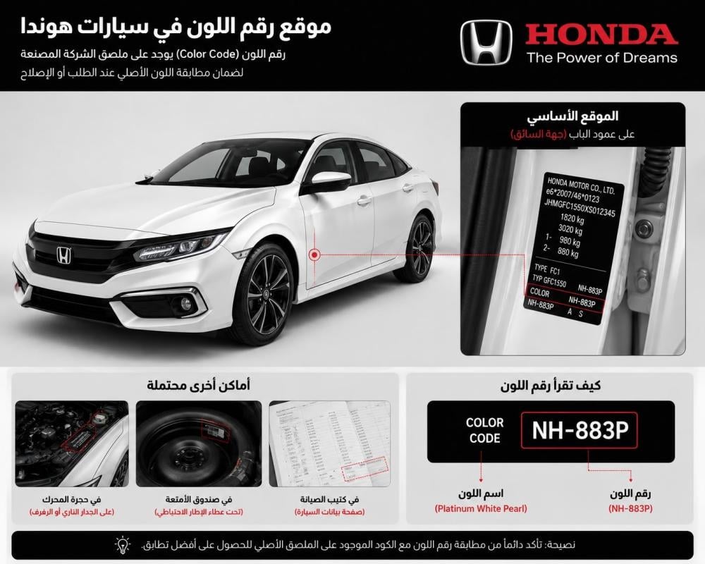مكان رقم لون هوندا داخل باب السائق