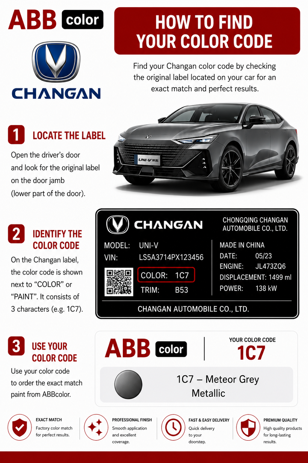 How to find Changan CS75 paint code SH9 on vehicle information label