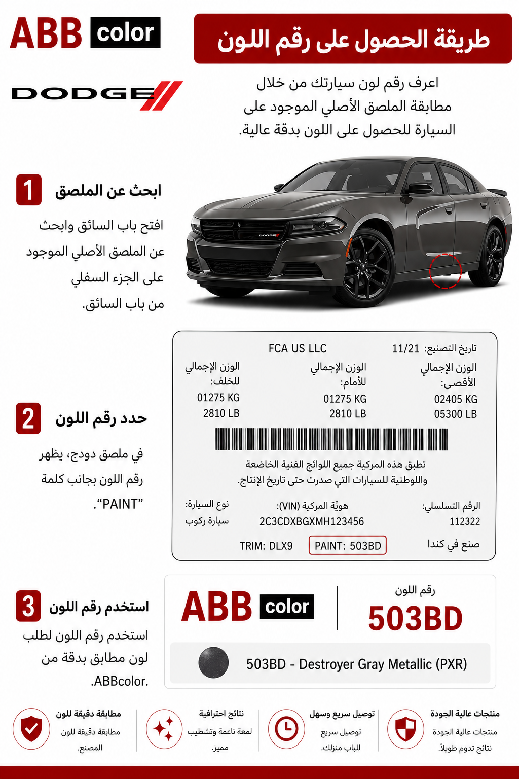كيفية معرفة رقم لون دودج من ملصق بيانات السيارة للطلب الخاص
