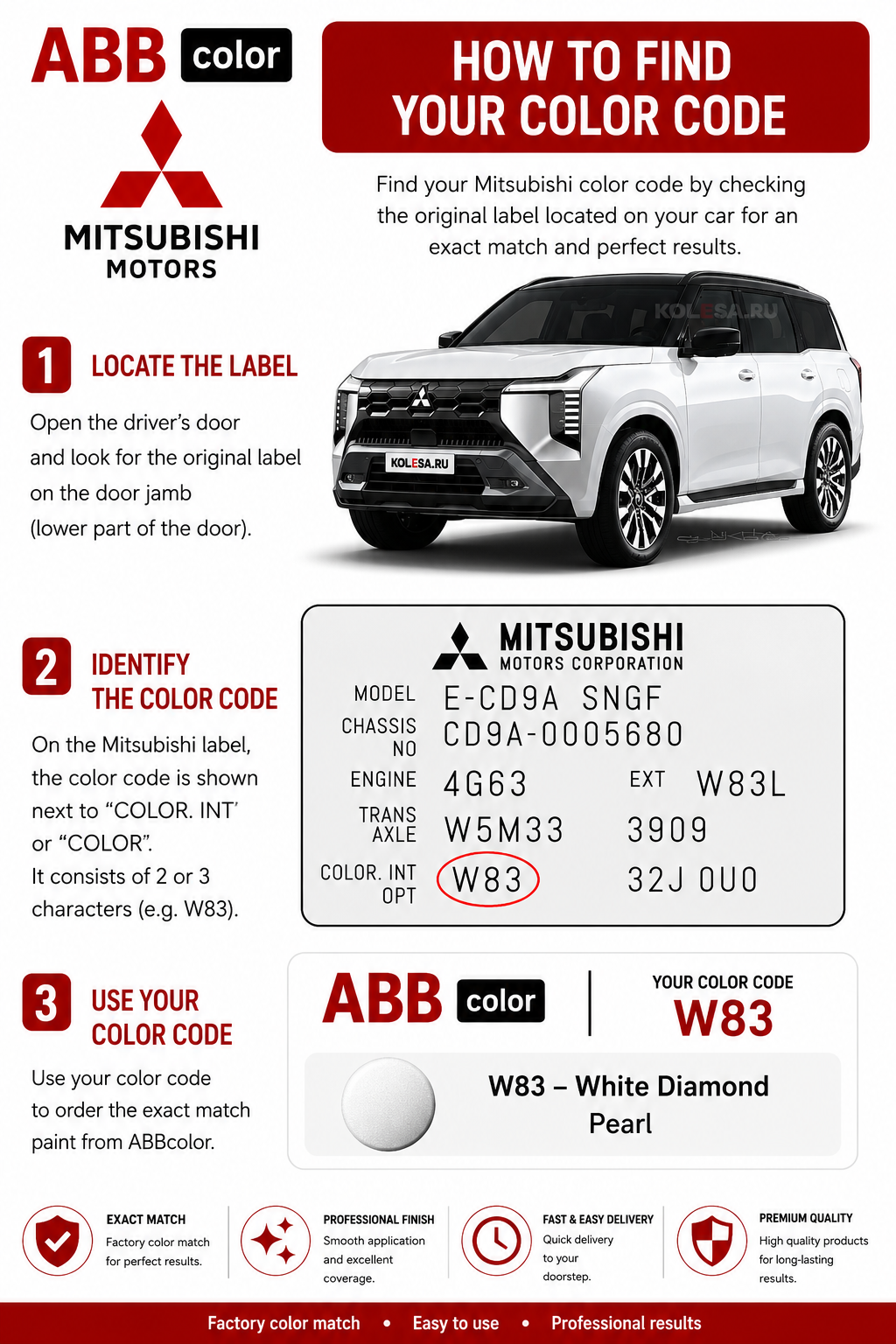 How to find Mitsubishi Pajero paint code W23 on vehicle information label