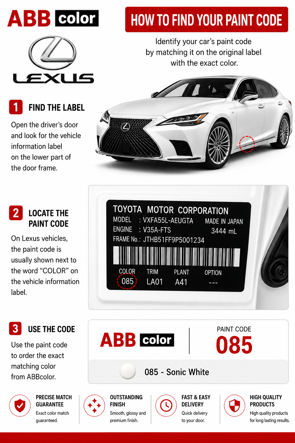 How to find Lexus LS paint code 085 on vehicle information label