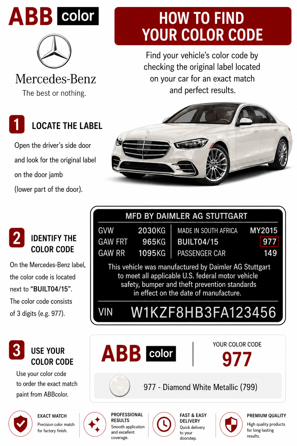 How to find Mercedes-Benz S-Class paint code 197 on vehicle information label