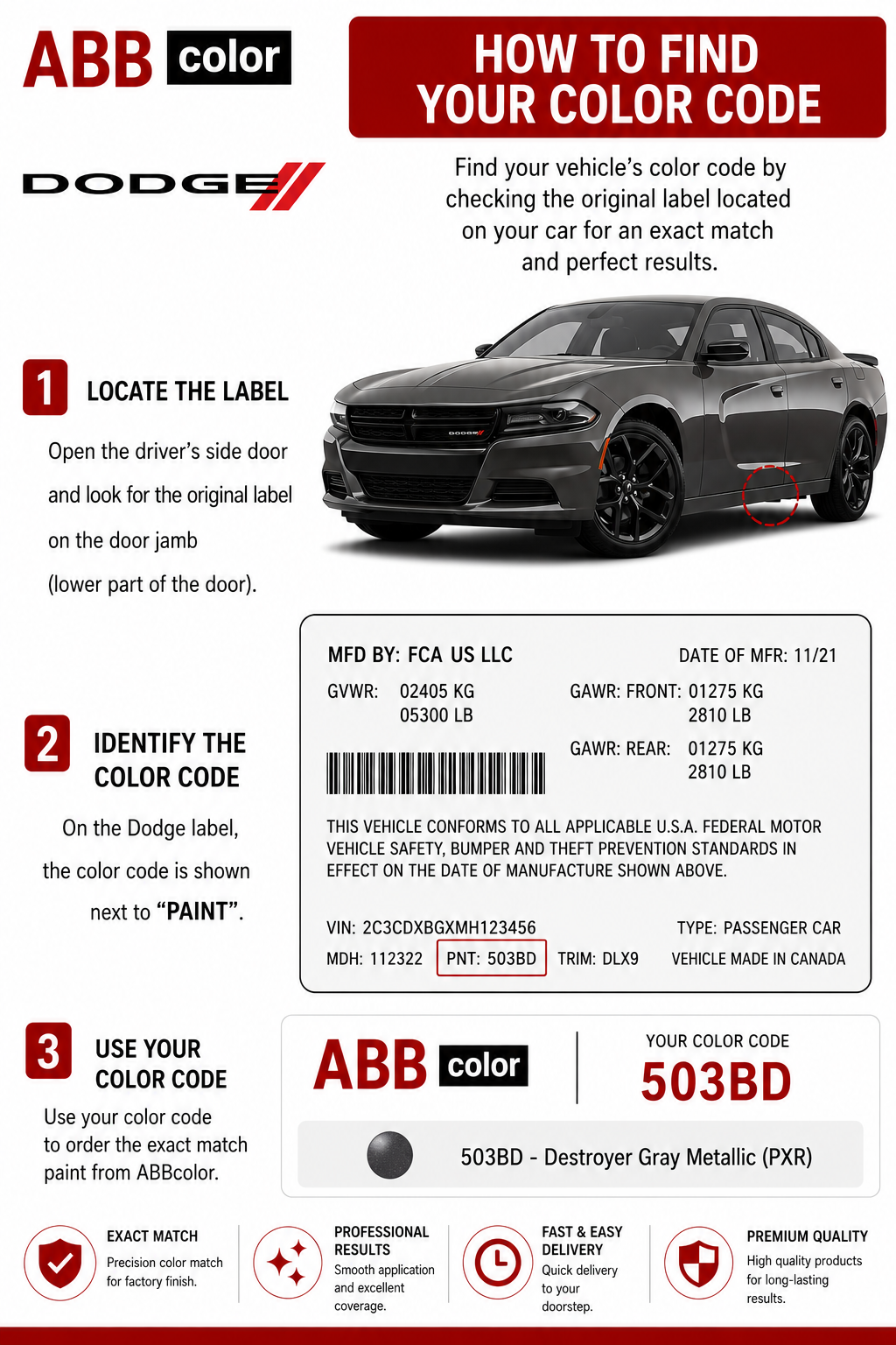 How to find Dodge Charger paint code X8 DX8 RXN 601 on vehicle information label