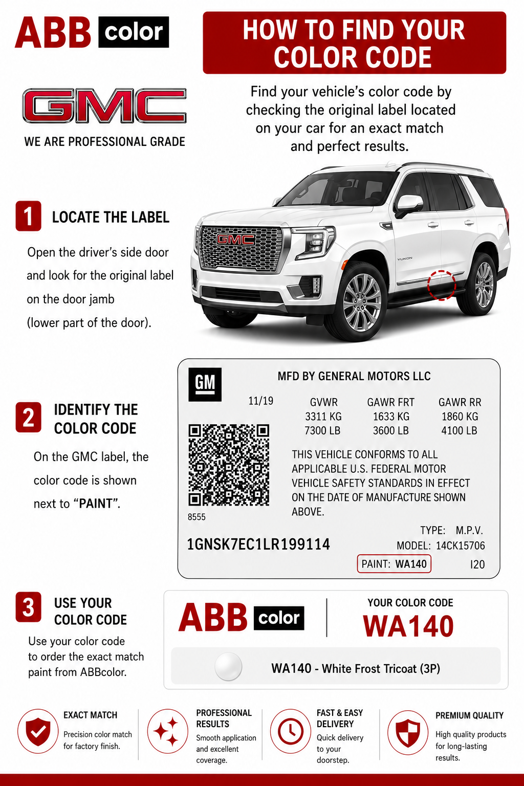 How to find GMC Yukon paint code 8555 on vehicle information label