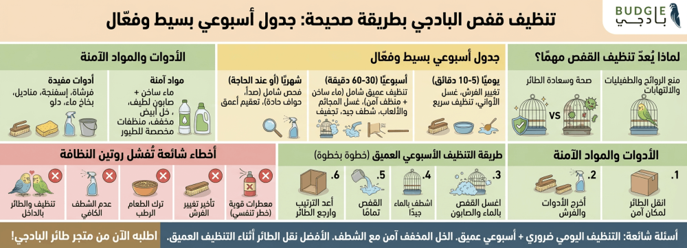 تنظيف قفص البادجي بطريقة صحيحة: جدول أسبوعي بسيط وفعّال