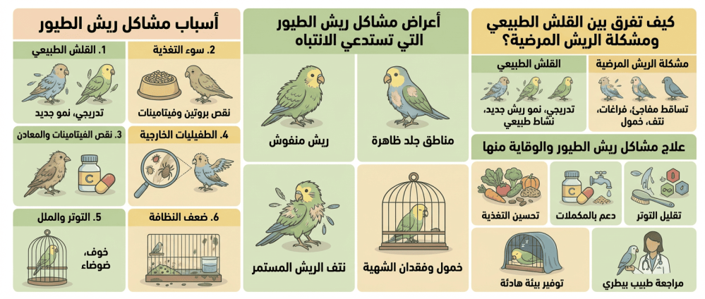 مشاكل ريش الطيور: الأسباب، الأعراض، وطرق العلاج والوقاية