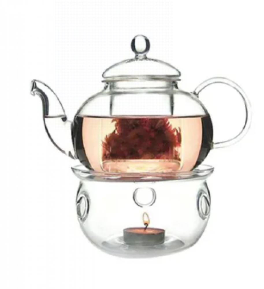 طقم إبريق شاي مع موقد و12 كوب كاوا شفاف 0.6لتر