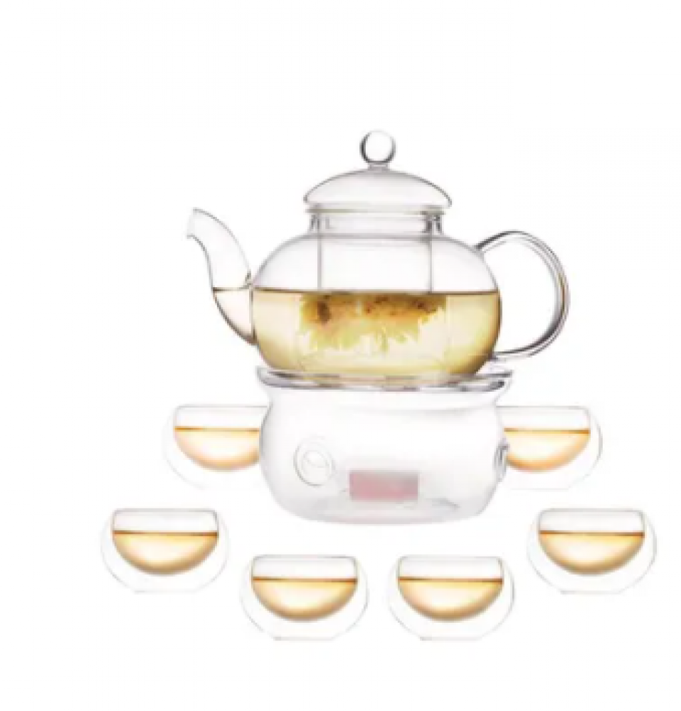 طقم إبريق شاي مع موقد و12 كوب كاوا شفاف 0.6لتر