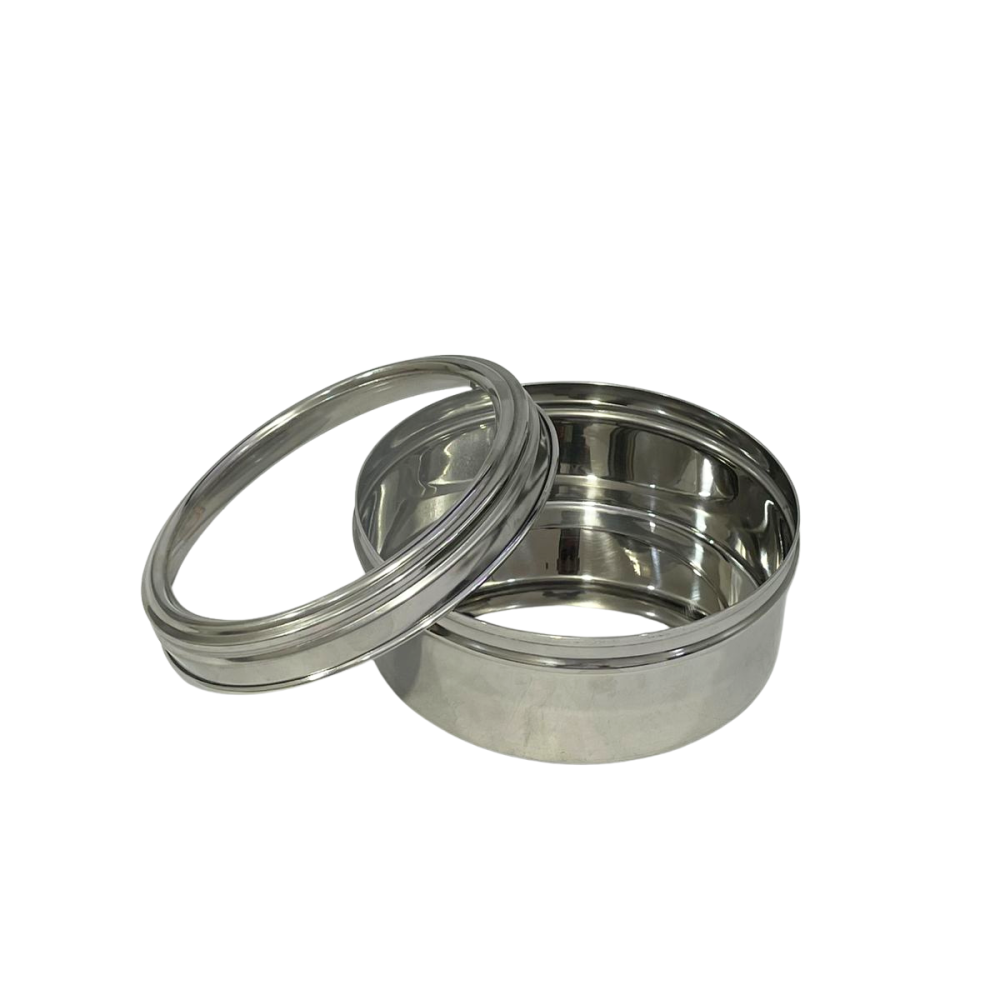 تمريه علبة استيل دائري 14 سم غطاء شفاف