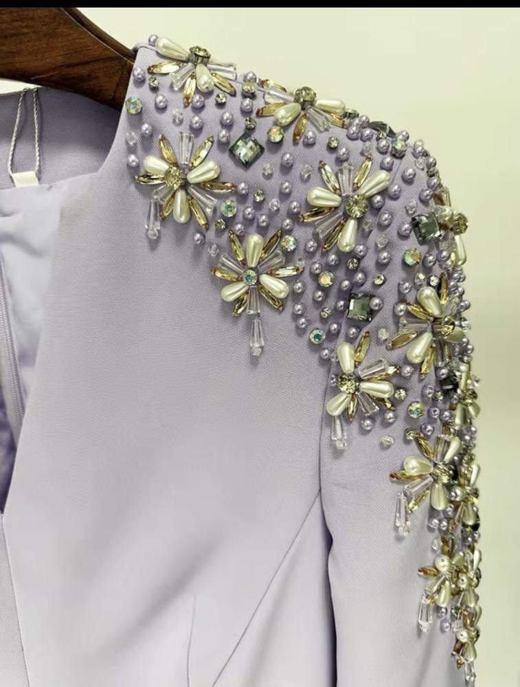 LE'RURE Pearl motif embroidery dress S Luxurious lilac evening