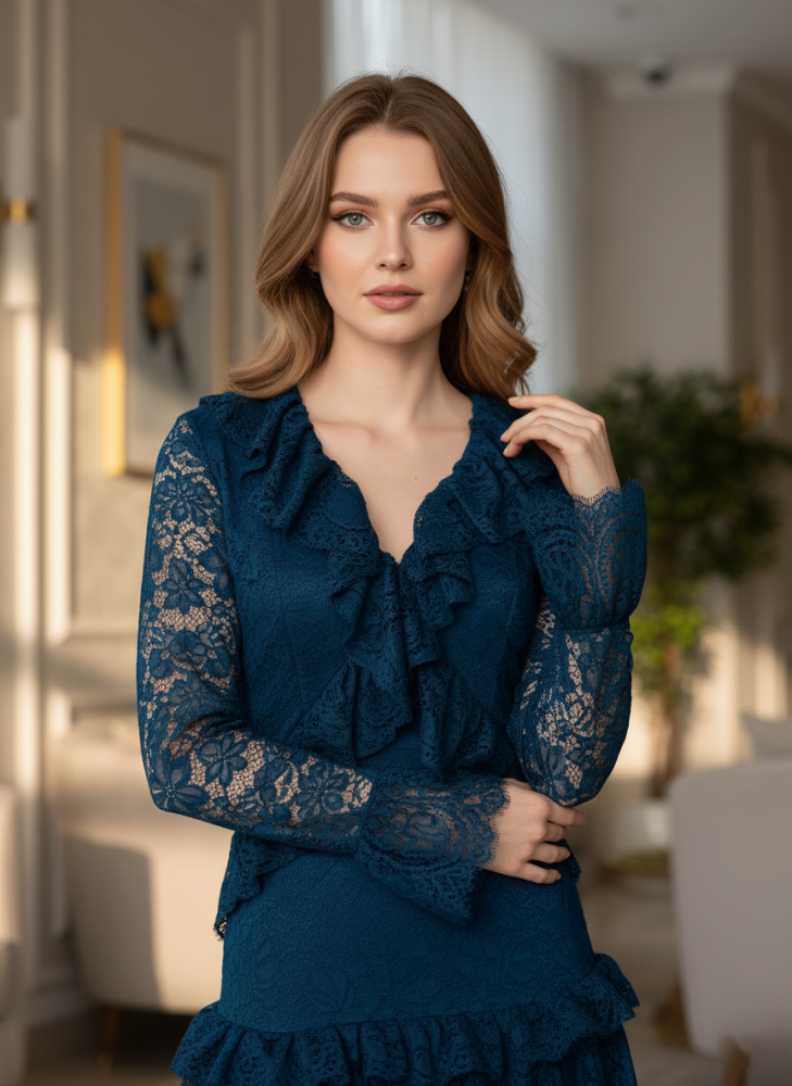 فستان دانتيل أزرق بطبقات وكشكشة أنيقة بتصميم راقٍ