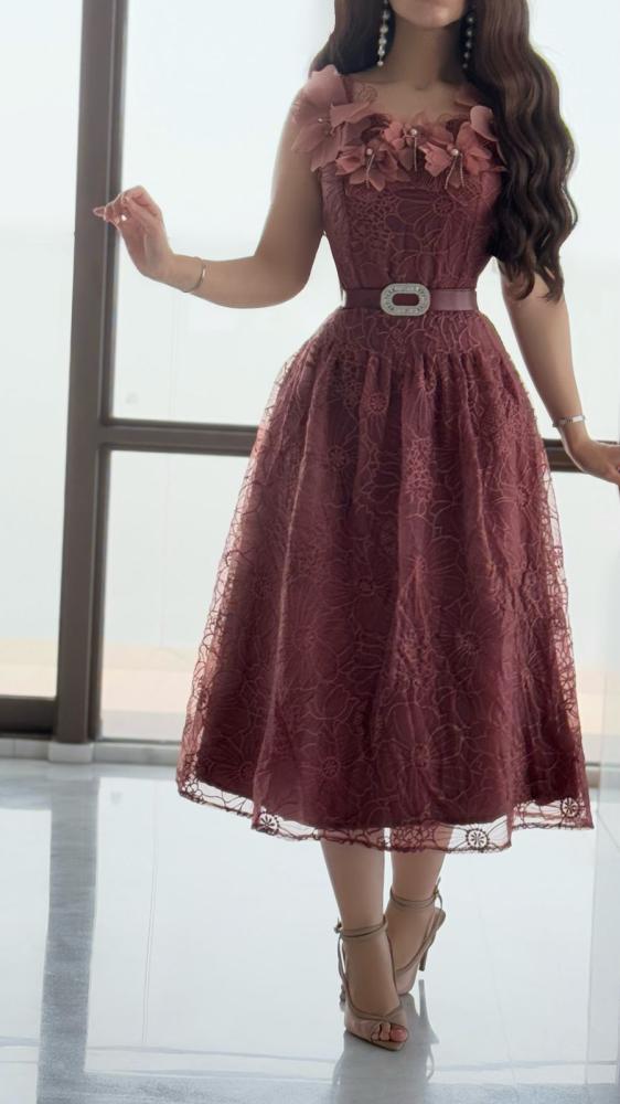 فستان ميدي طوبي اورجانزا مطرز بورود بالصدر