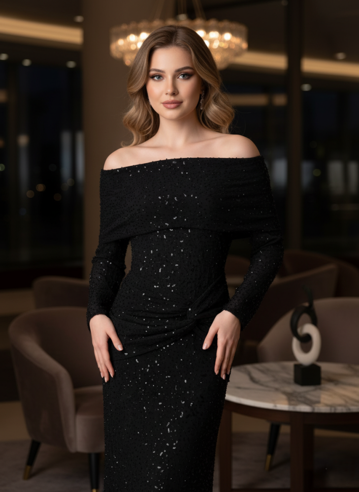 فستان سهرة أسود أوف شولدر بتفاصيل لامعة أنيقة