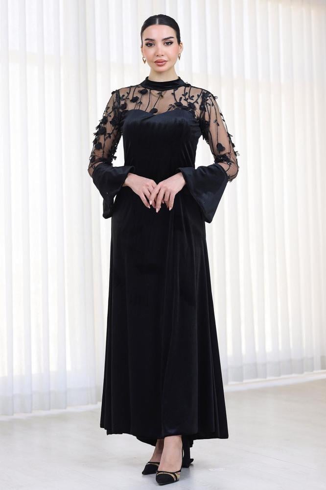 فستان سهرة مخمل اسود اكتاف شفافة