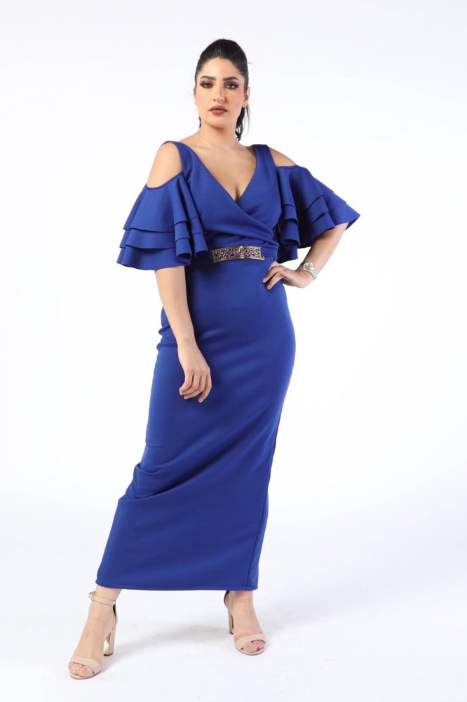 Blue dress with gold belt best sale