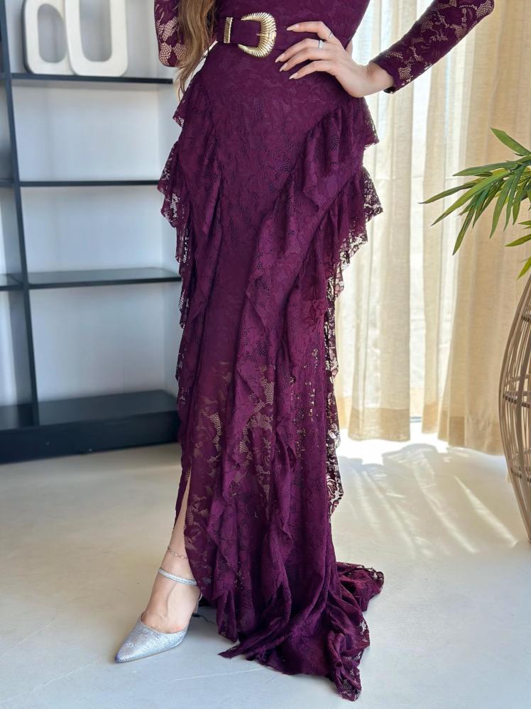 Long evening dress with lace drape and sheer sleeves