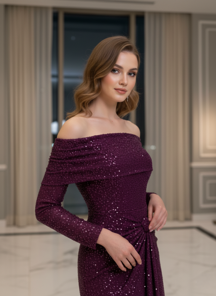 فستان سهرة برغندي أوف شولدر بتفاصيل لامعة أنيقة