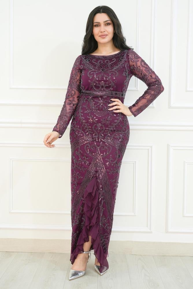 Burgundy evening dress decorated with hand embroidery and sequins drape and front slit with transparent sleeves