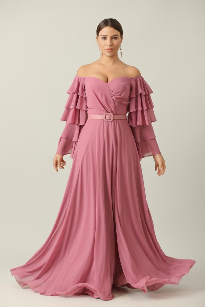 Pink chiffon dress with wide layered sleeves