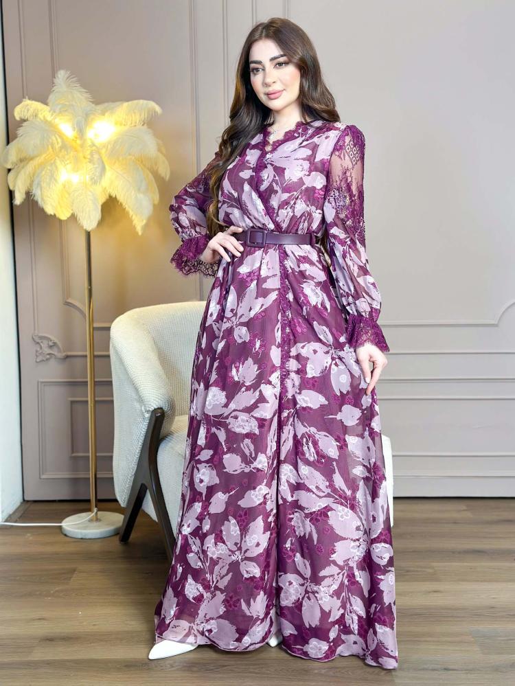 فستان سهرة شيفون مشجر بأكمام دانتيل طويلة وفخمة