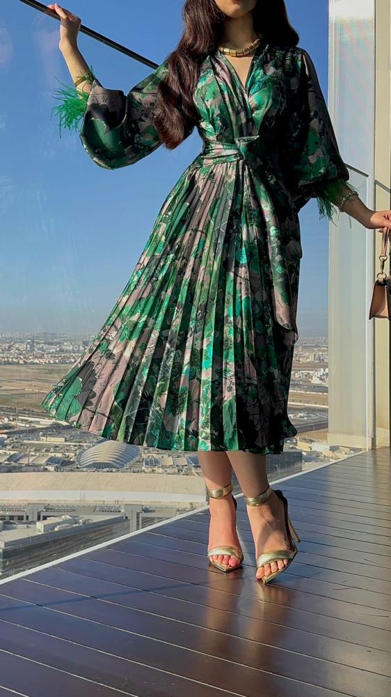 Green floral midi wrap dress best sale