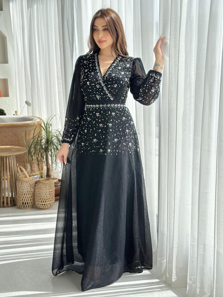 Black lame embroidered evening dress