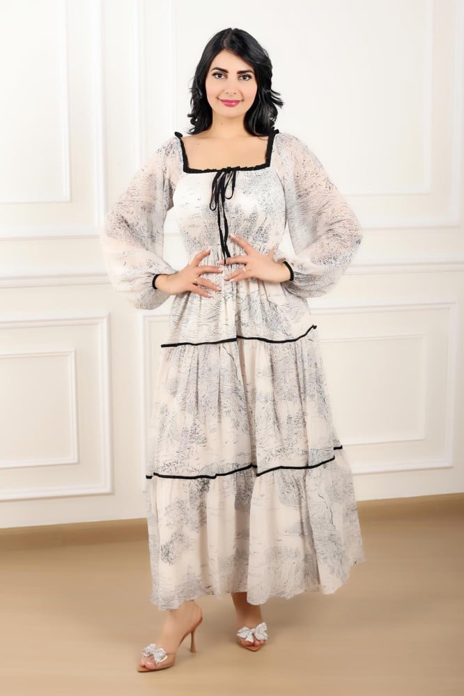 فستان مشجرطبقات اكمام طويلة زم الصدر بلاسية