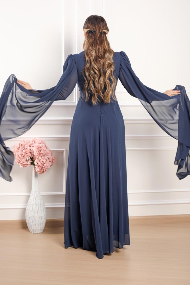 Long sleeve evening dress with pearl embroidered chest chiffon fabric