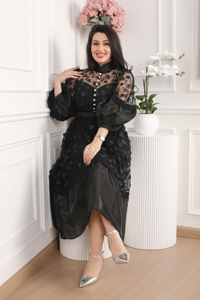 Black short dress with tulle on organza and 3D floral prints