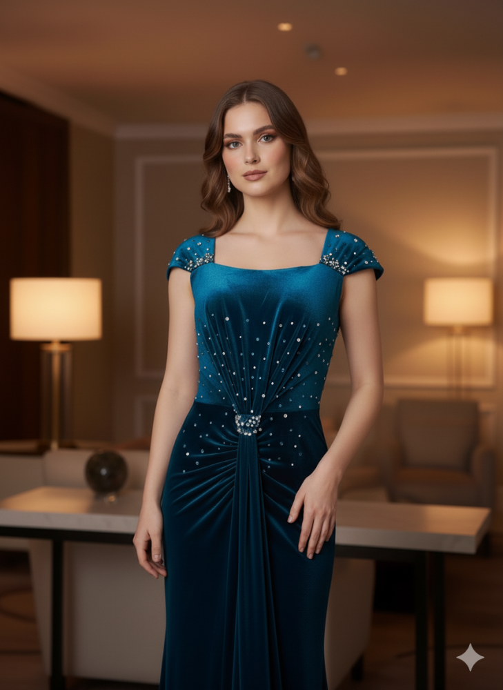 فستان سهرة مخمل أزرق بتطريز كريستال