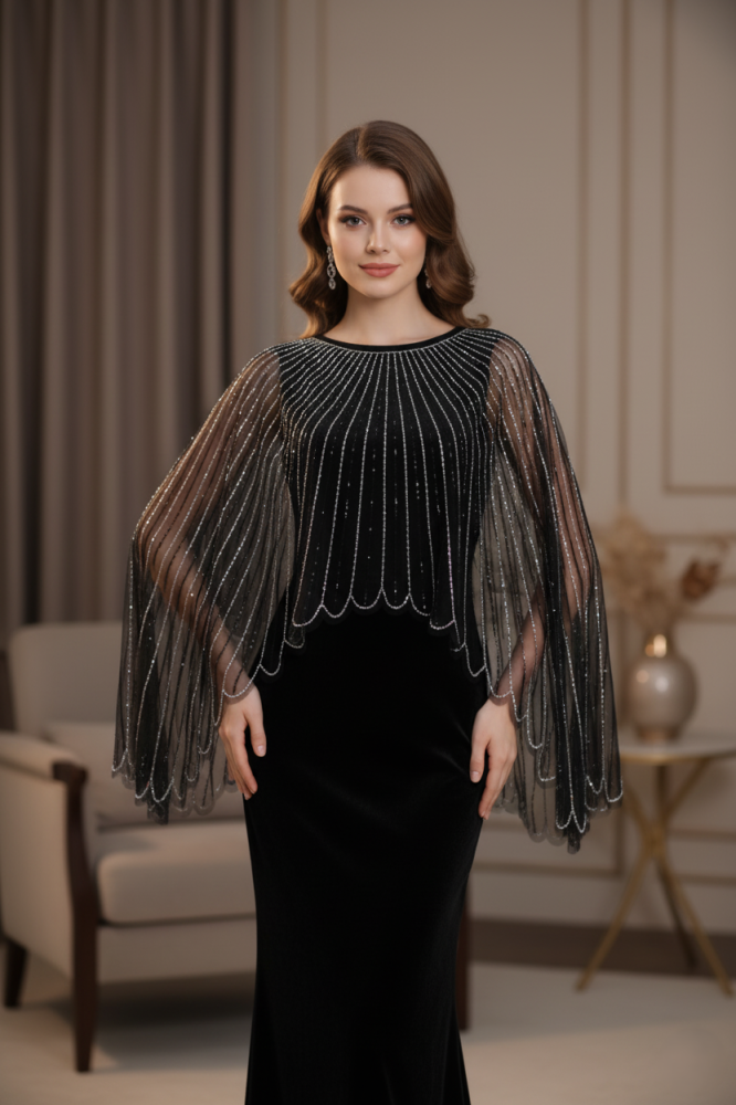 فستان سهرة مخمل أسود ملكي بتطريز لامع