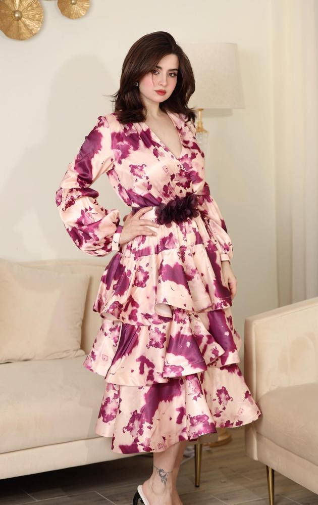 Layered floral wrap dress with long sleeves in silk fabric