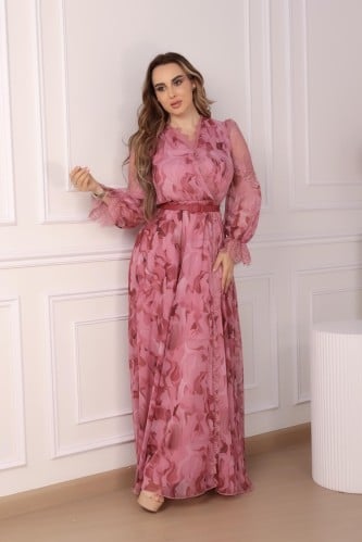 فستان زهري مشجر اكمام طويلة قماش شيفون على تل