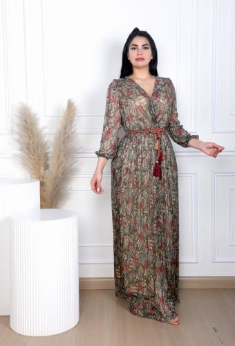 فستان سهرة طويل تول لاميه مورد بنمط لف وحزام مربوط