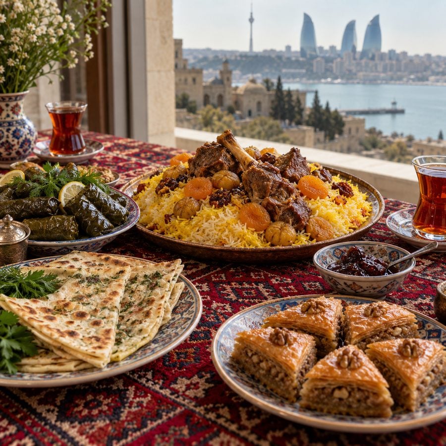 مائدة أذربيجانية فيها بلوف بالزعفران وقطاب ودولما وشاي مع بقلاوة