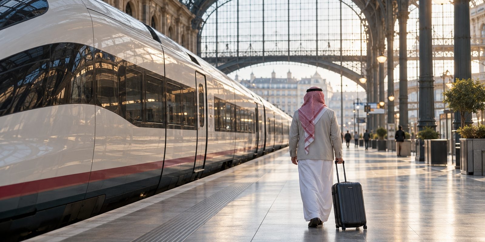 قطار أوروبي سريع يقف على رصيف محطة مركزية بسقف حديدي وزجاجي ومسافر سعودي يسحب حقيبته