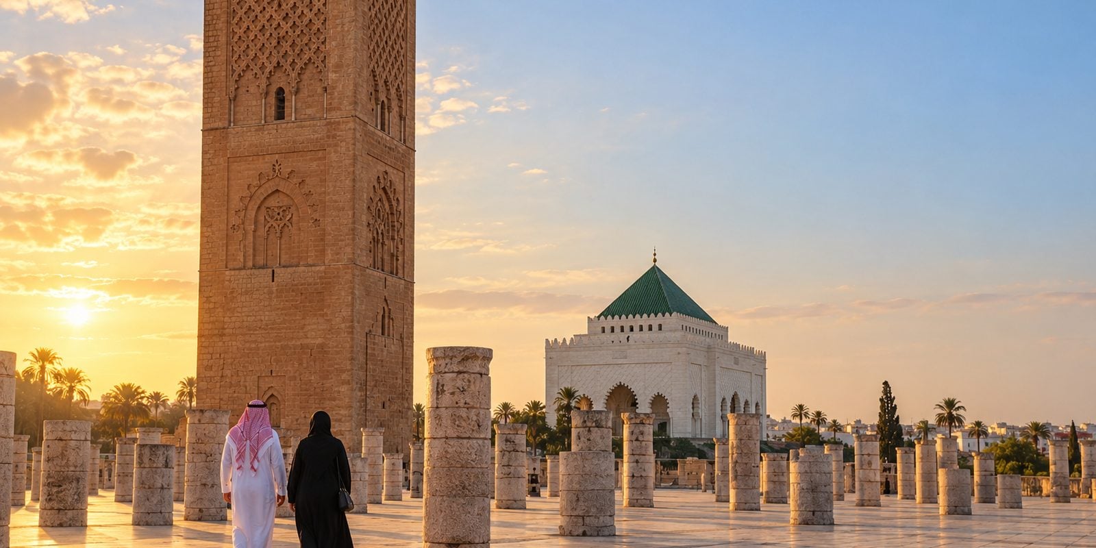 صومعة حسان وساحة الأعمدة التاريخية في الرباط وقت العصر مع زوار سعوديين