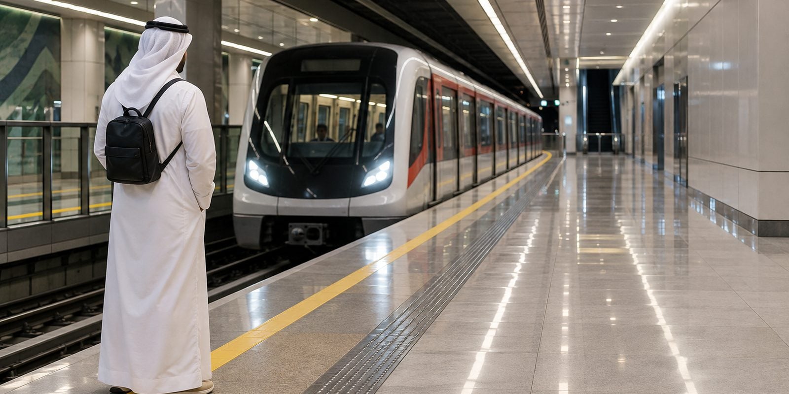 قطار مترو حديث يدخل محطة نظيفة ومضاءة في سنغافورة
